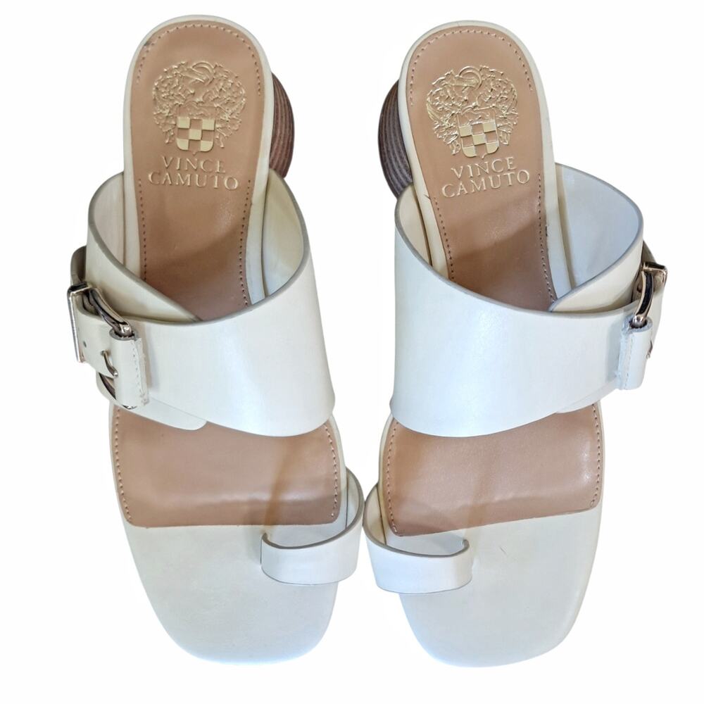 VINCE CAMUTO Cream Leather Lenqua Sandals Size 8M Round Block Heel Preppy Summer - Picture 5 of 10